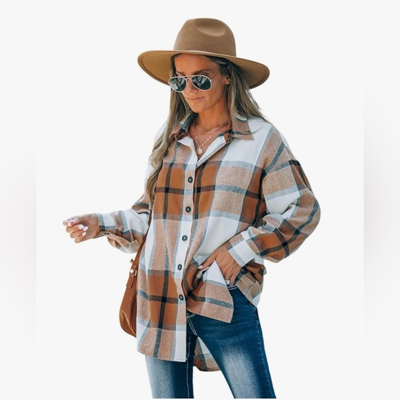 CUPSHE Shirt Womens Small Brown Plaid Button Down Top Casual Oversized Long - Picture 1 of 10